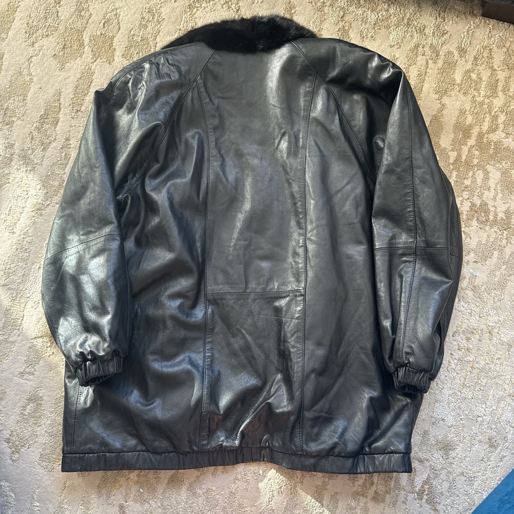 Men's Black Leather Jacket with Fur Collar - Picture 2 of 4